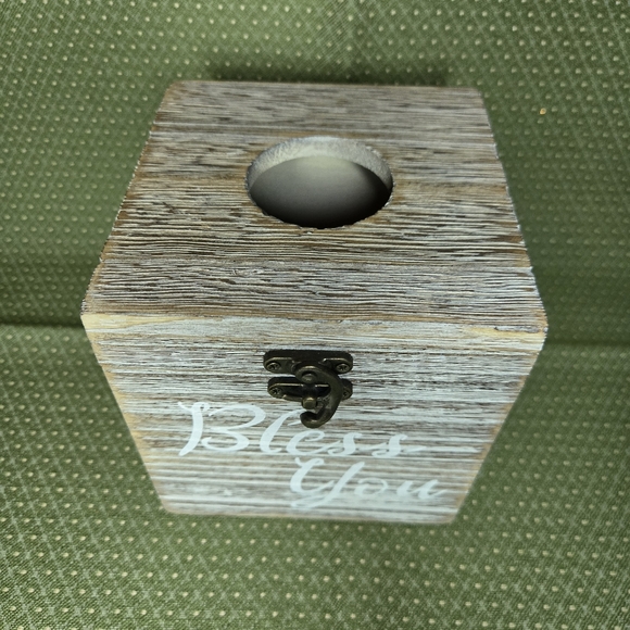 Rustic Wooden Tissue Box Holder With Latch that says Bless You - Picture 2 of 7